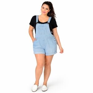 Torrid Size 18 Light Blue Denim Railroad Stripe Overall Shorts  with Pockets NWT